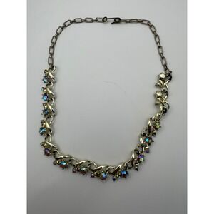 Vintage Star Aurora Borealis Rhinestone Choker Necklace Gold Tone Art Deco Style